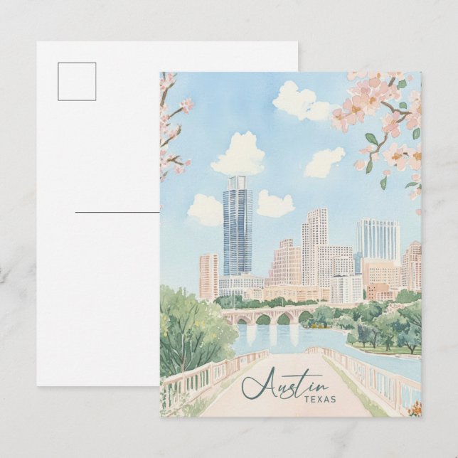 Austin Texas Gouache Paint Illustration Travel Postcard (Front/Back)