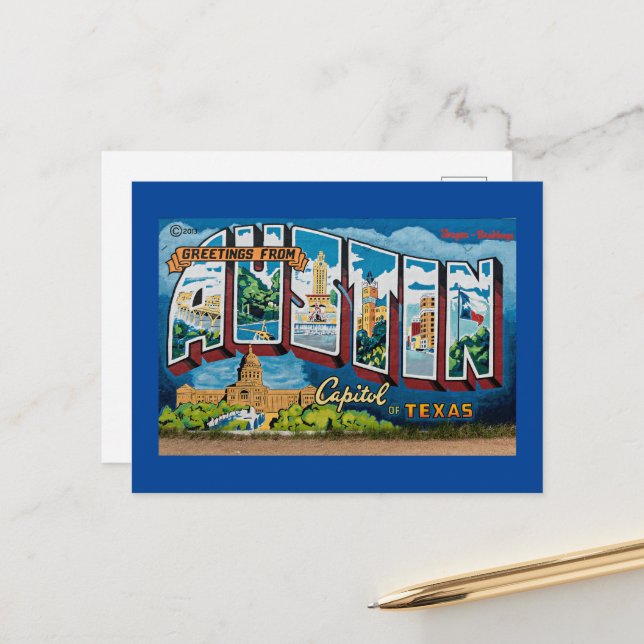 Austin, Texas Greetings (Blue Frame) Postcard (Front/Back In Situ)