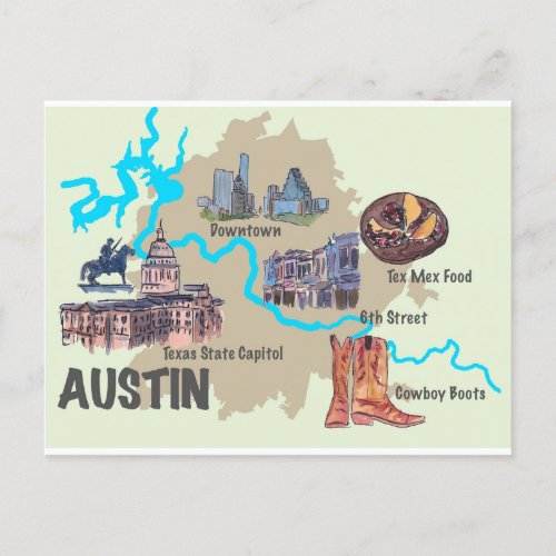 Austin Texas Highlights Map  Postcard
