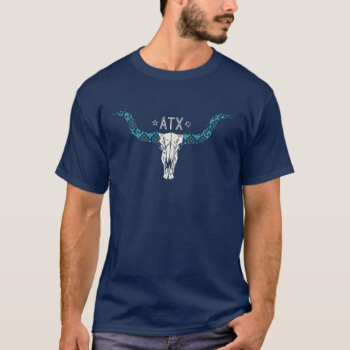 Austin Texas Long Horn Skull Southwest Pattern T_Shirt