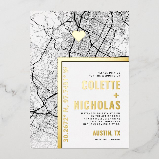 Austin, Texas Love Locator | City Themed Wedding Foil Invitation (Front)