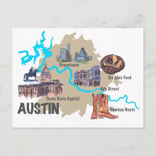 Austin Texas Map Postcard