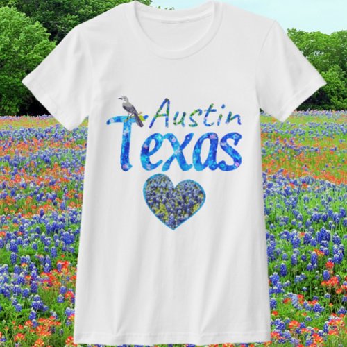 Austin Texas Mockingbird and Bluebonnet Heart T_Shirt