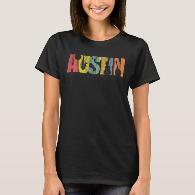 Austin Texas Music Wood Grain Distressed T-Shirt (Front)