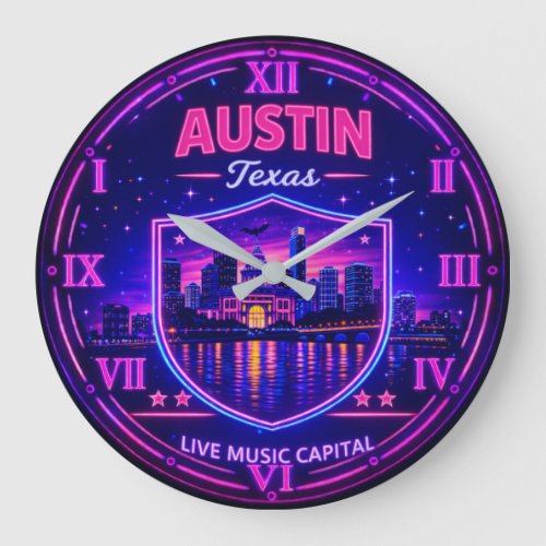 Austin Texas Neon Skyline Large Clock