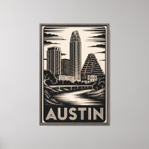 Austin Texas Skyline Black White Woodcut Canvas Print