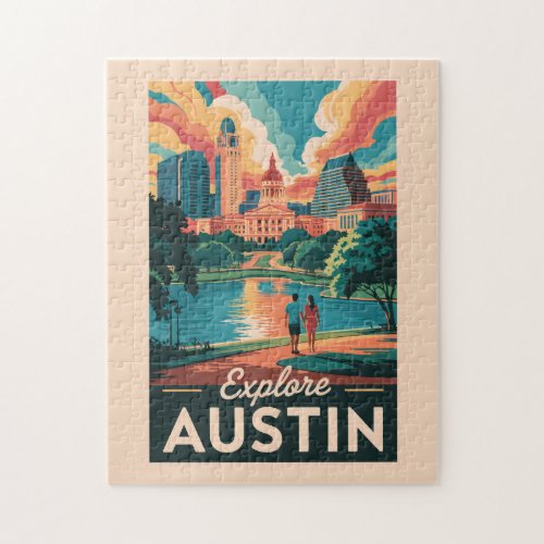 Austin Texas Skyline Travel Art Vintage Jigsaw Puzzle