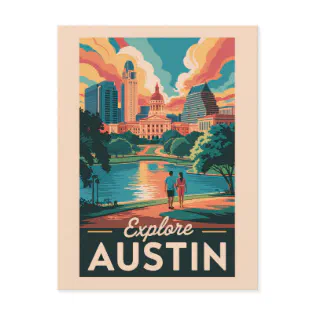 Austin Texas Skyline Travel Art Vintage Postcard