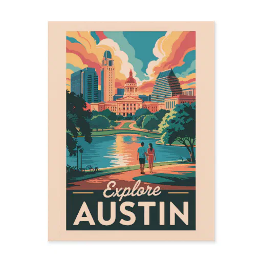 Austin Texas Skyline Travel Art Vintage Postcard