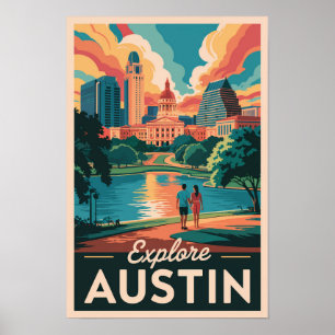 Austin Texas Skyline Travel Art Vintage Poster