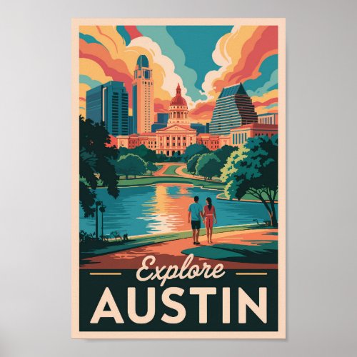 Austin Texas Skyline Travel Art Vintage Poster