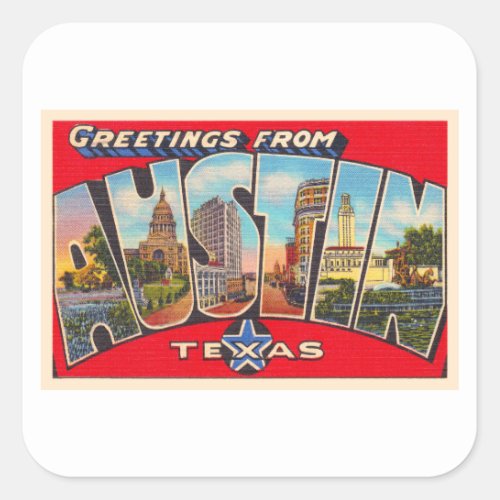 Austin Texas TX Vintage Large Letter Postcard Square Sticker