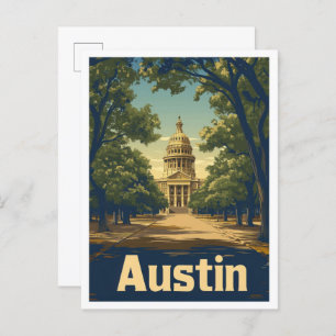 Austin Texas USA Art Vintage Travel Illustration Postcard