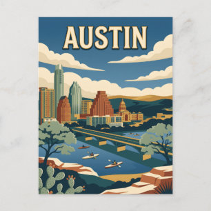 Austin Texas Vintage Skyline Travel Poster Postcard