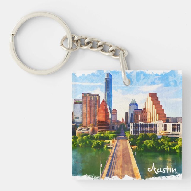 Austin Texas Vintage Travel City Watercolor Keychain (Front)