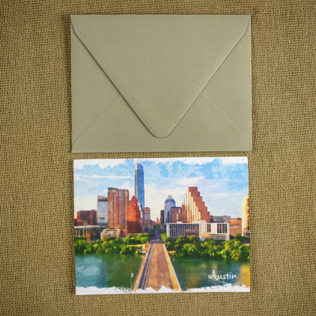 Austin Texas Vintage Travel City Watercolor Postcard (austin texas skyline postcard)