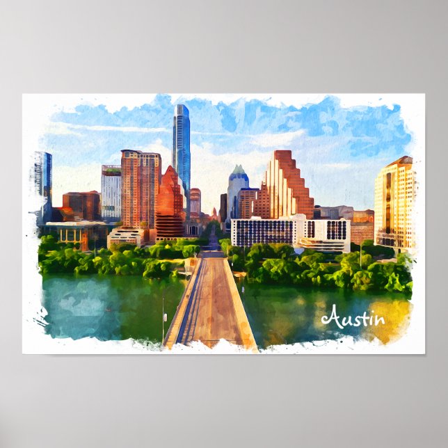Austin Texas Vintage Travel City Watercolor Poster (Front)