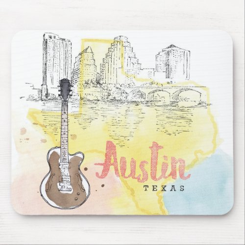 AustinTexas  Watercolor Sketch Mouse Pad