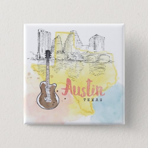 AustinTexas  Watercolor Sketch Pinback Button