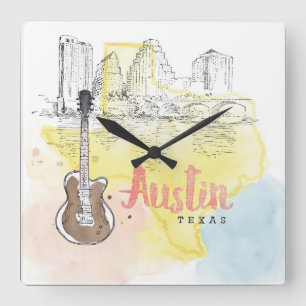 Austin,Texas Watercolor Sketch Square Wall Clock