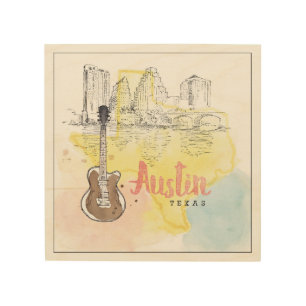 Austin,Texas Watercolor Sketch Wood Wall Decor