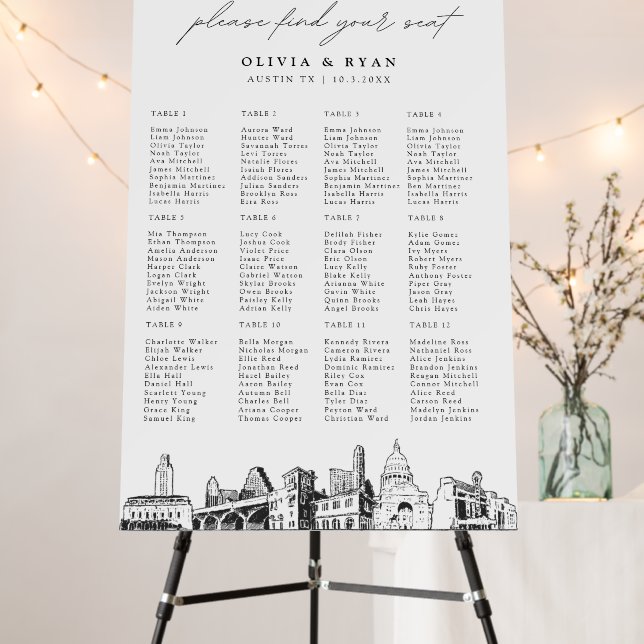Austin Texas Wedding 12 Table Seating Chart 24x36 Foam Board (In Situ (Stand))
