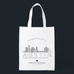 Austin, Texas Wedding | Stylized Skyline Grocery Bag<br><div class="desc">A unique wedding bag for a wedding taking place in the beautiful city of Austin,  Texas.  This bag features a stylized illustration of the city's unique skyline with its name underneath.  This is followed by your wedding day information in a matching open lined style.</div>
