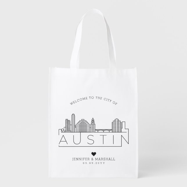 Austin, Texas Wedding | Stylized Skyline Grocery Bag (Front)