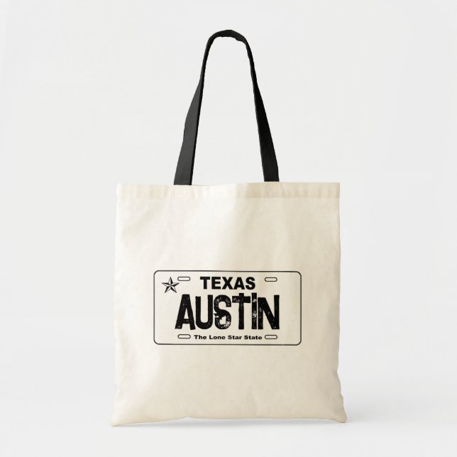 Austin Texas white license plate tote bag (Front)
