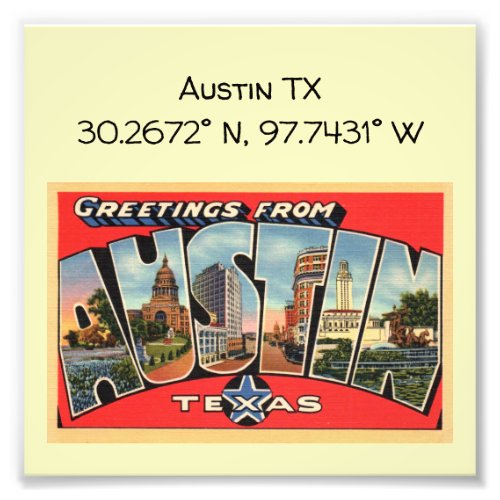 Austin TX Map Coordinates Vintage Style Photo Print
