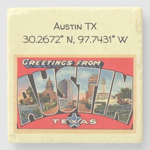 Austin TX Map Coordinates Vintage Style Stone Coaster