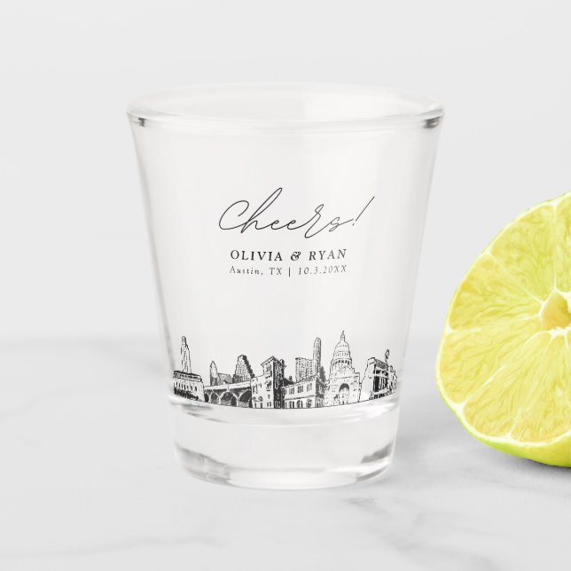 Austin Wedding Favor Personalized Cheers Shot Glass (Front)