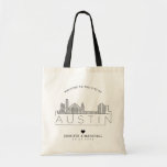 Austin Wedding | Stylized Skyline Tote Bag<br><div class="desc">A unique wedding tote bag for a wedding taking place in the city of Austin.  This tote features a stylized illustration of the city's unique skyline with its name underneath.  This is followed by your wedding day information in a matching open lined style.</div>