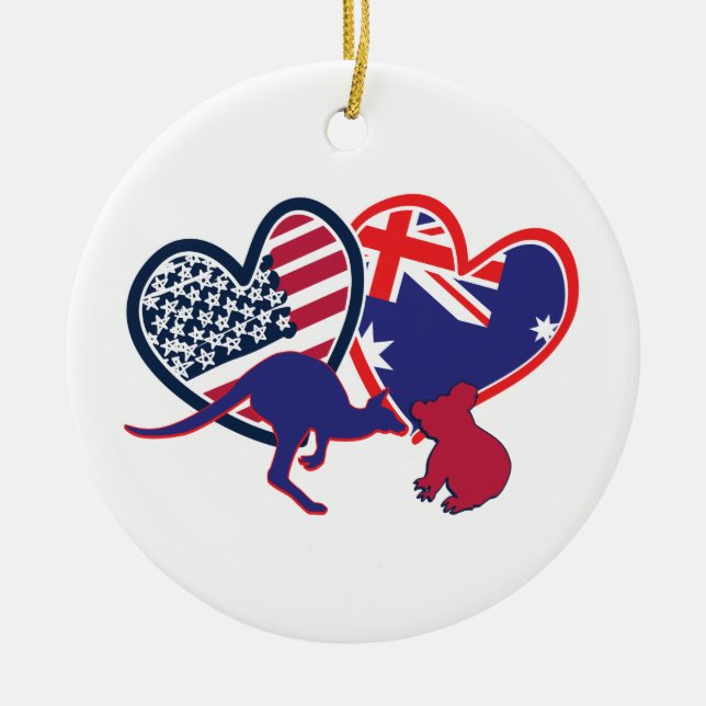 Australia and United States Flag Hearts Ceramic Ornament (Front)