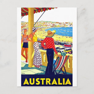 Australia beach, view, people on terrace, vintage postcard