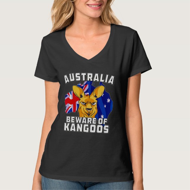 Australia Beware of Kangoos Down Under Australia T-Shirt (Front)