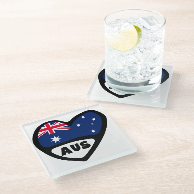 Australia Country Code Flag Heart AUS Glass Coaster (Angled)