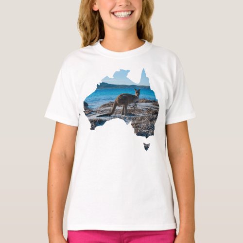 Australia Country Outline Shape Kangaroo on Beach T_Shirt