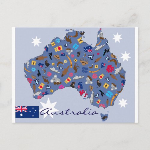 Australia country shape with icons postcard
