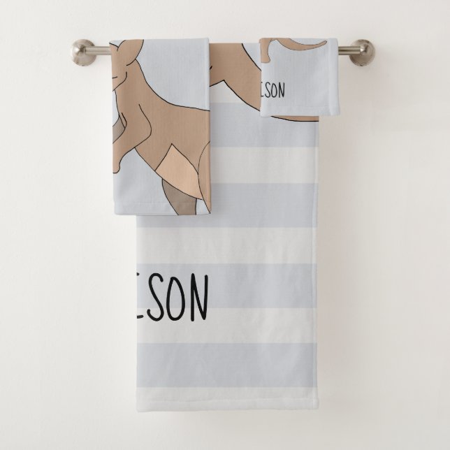 Australia Cute Kangaroo Doodle and Name Kids Bath Towel Set (Insitu)