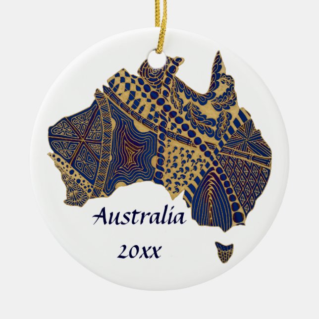 Australia Doodle Tan Red Blue Ceramic Ornament (Front)