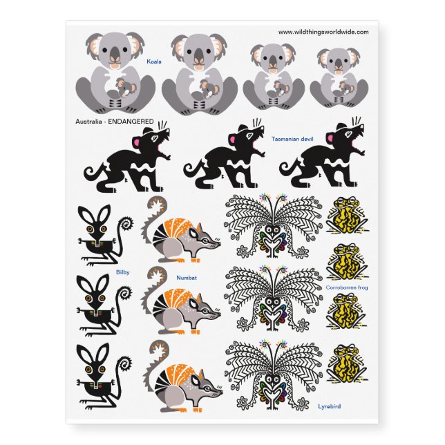 Australia endangered asnimals and mammals - temporary tattoos (Front)
