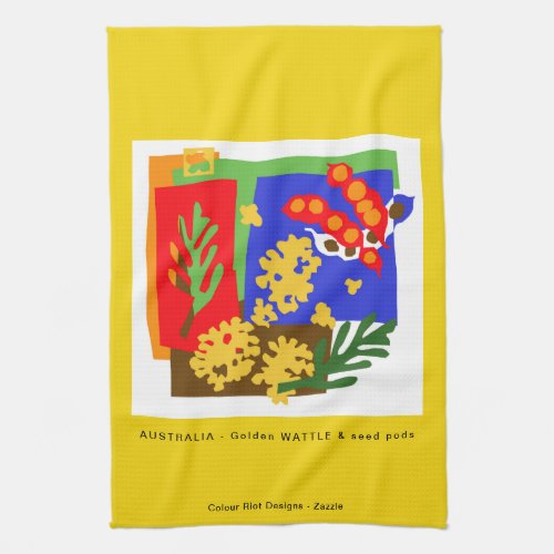 Australia _ Golden WATTLE  seed pods _ Yellow Kitchen Towel