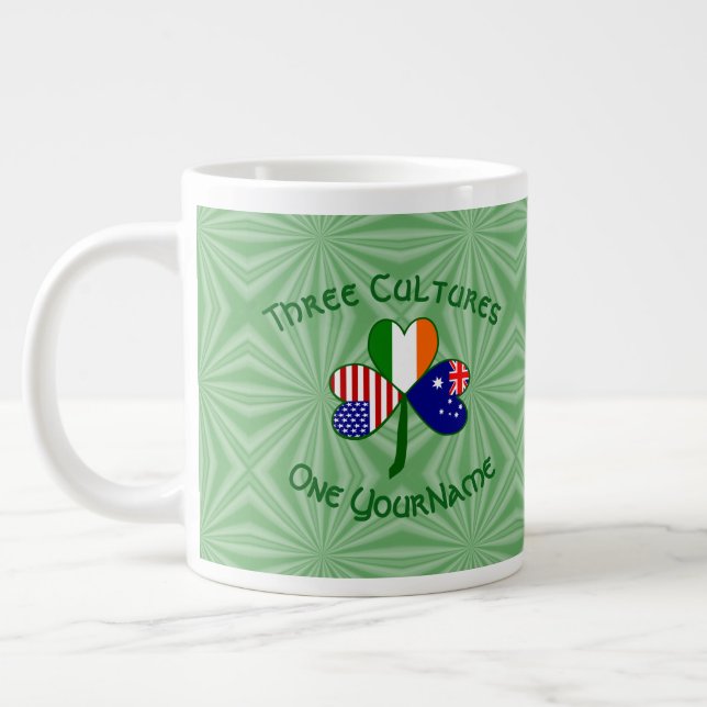 Australia Ireland USA Flags Shamrock Your Nam Espr Giant Coffee Mug (Left)