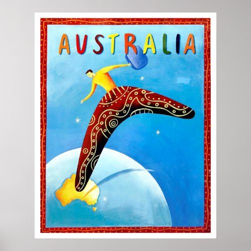 Australia man on boomerang outer space vintage poster
