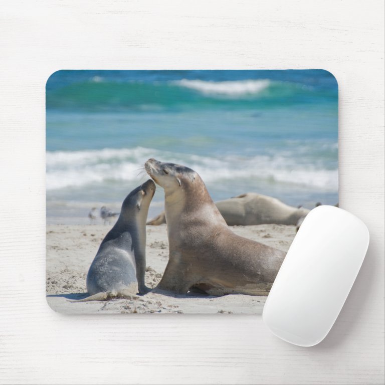 Australia Sea Lion with baby pup on the Beach Mouse Pad