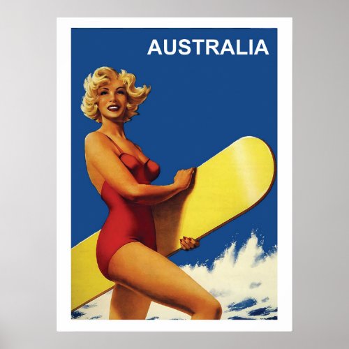 Australia surfer girl on the beach vintage poster