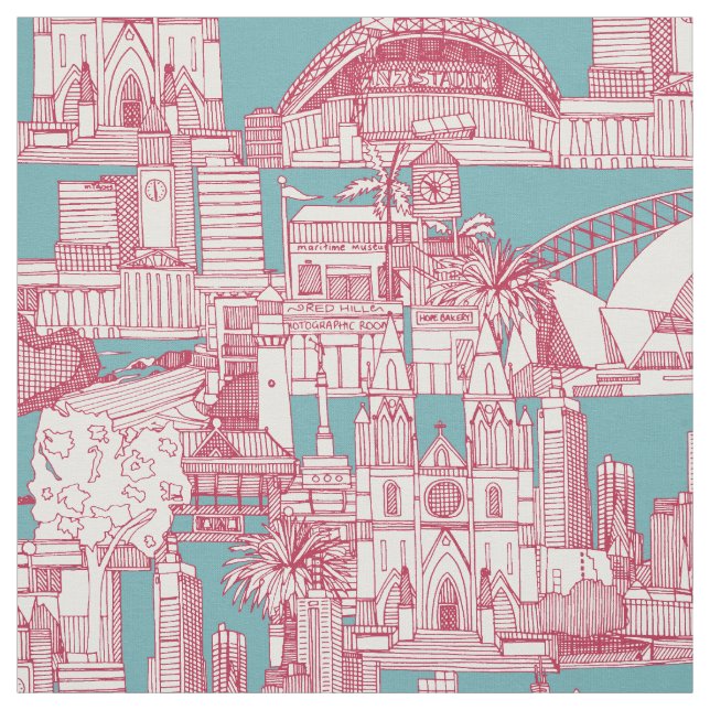Australia toile de jouy viva magenta turquoise fabric (Swatch)