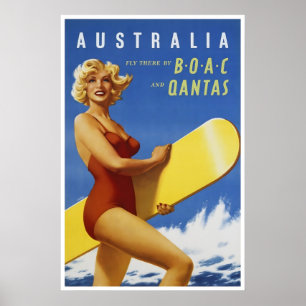 Australia Travel Poster Surfing Art Qantas Print