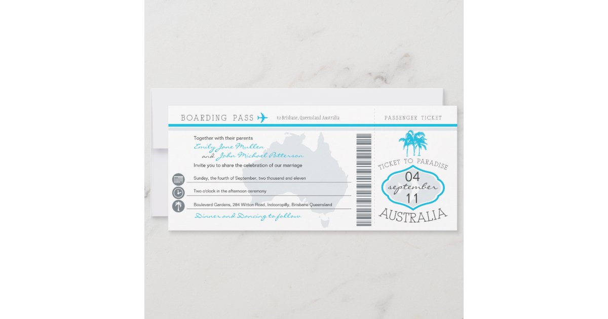 Australia Wedding Boarding Pass Invitation